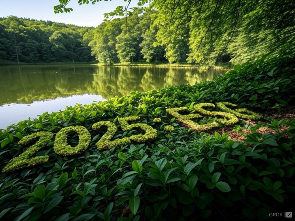 montagem feita com ia que mostra paisagem de natureza verde exuberante ao redor de lago de água em tom verde; na frente, em um gramado, o escrito "esg: 2025" como se fosse feito de grama