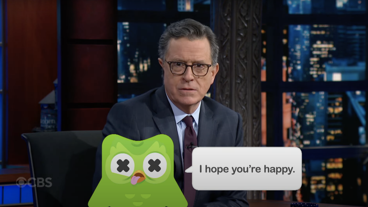 Stephen Colbert lamenta a dupla de coruja duolingo, sabe o que você fez