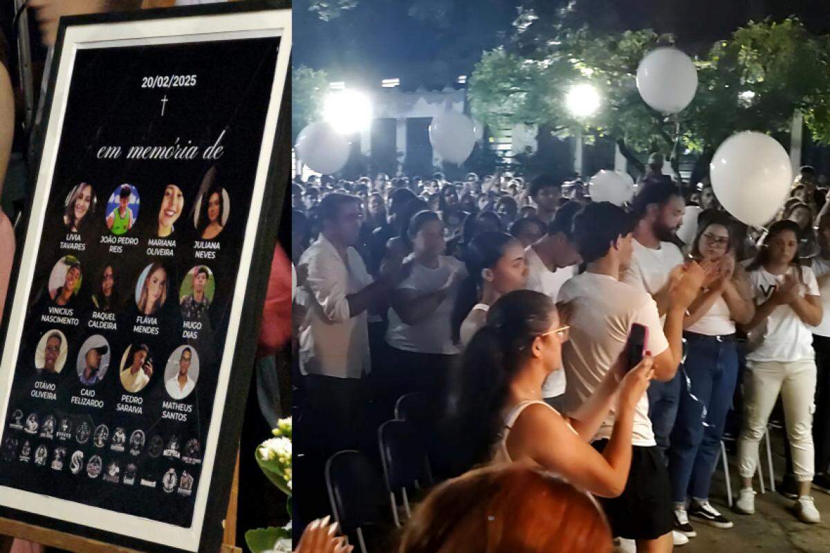 Registro do quadro feito em homenagem às vítimas e do momento em que os balões foram soltos