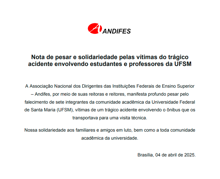 Nota de pesar e solidariedade pelas vítimas do trágico acidente envolvendo estudantes e professores da UFSM