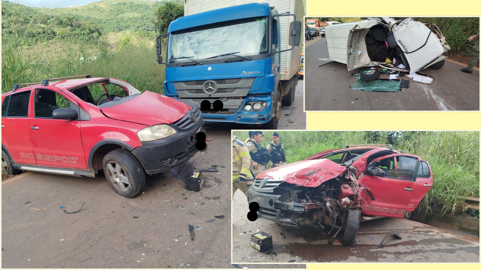 Itabirito, Serra da Santa, BR-356: acidente entre 3 veículos; 4 vítimas (sendo 2 crianças); 1 grave