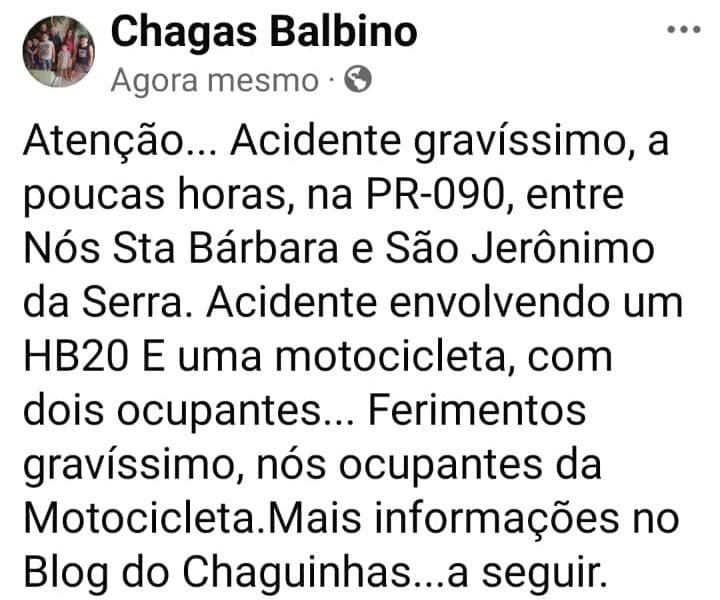 ACIDENTE GRAVÍSSIMO NA PR-090, ENTRE NVA STA BÁRBARA E SÃO JERONIMO DA SERRA