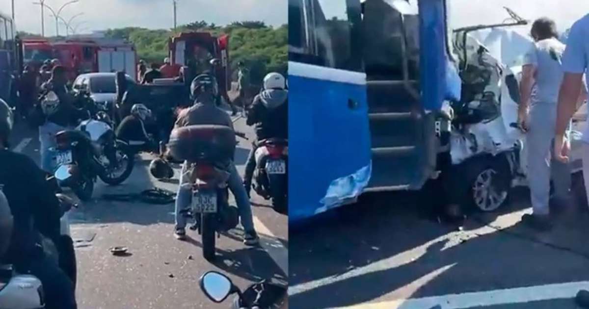 acidente envolvendo ônibus, carros e motos interdita Linha Vermelha e deixa cinco feridos; assista