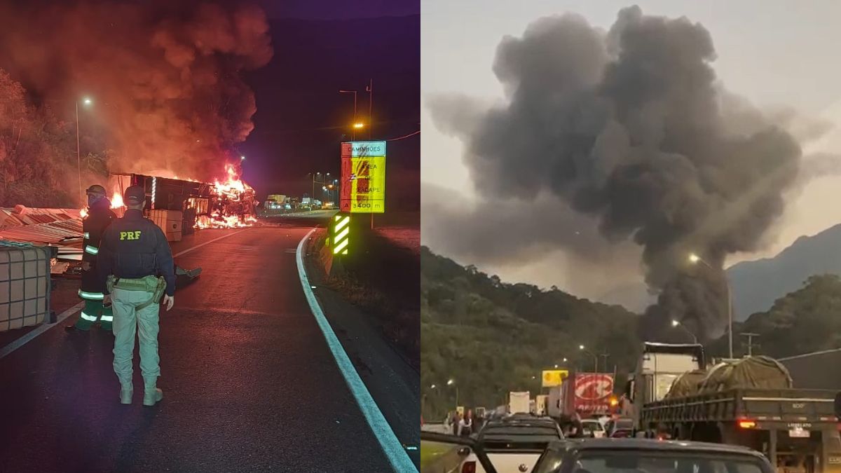 VÍDEOS: Caminhoneiro morre em grande incêndio a veículo tombado na BR-376