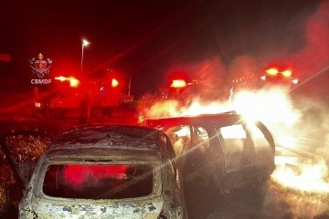 Colisão seguida de incêndio deixa duas pessoas mortas na BR-080 em Brazlândia -  (crédito: CBMDF)