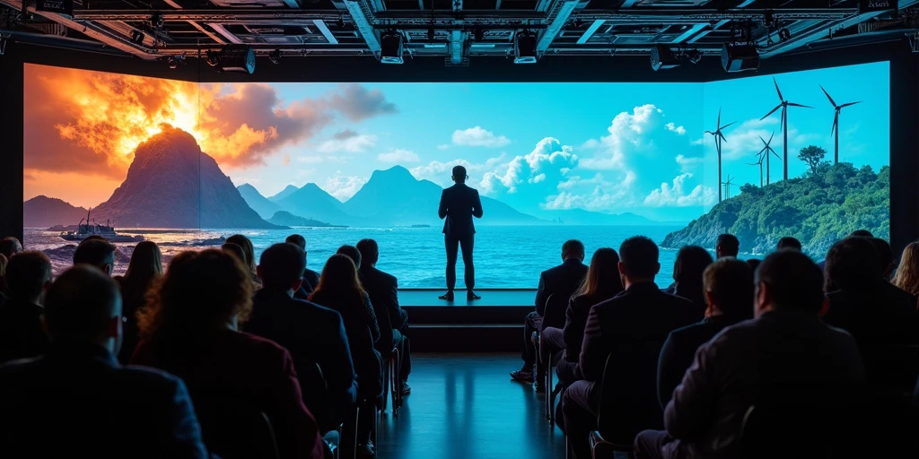 Uma sala de conferência moderna, cheia de profissionais de negócios atentos a um painel sobre sustentabilidade, com gráficos de crescimento e imagens de eventos climáticos extremos ao fundo, simbolizando a urgência da ação em ESG e a importância da responsabilidade empresarial.