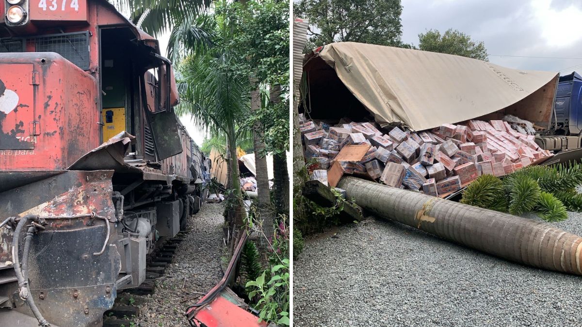 VÍDEO: Trem bate em caminhão e espalha carga na rua em Jaraguá do Sul