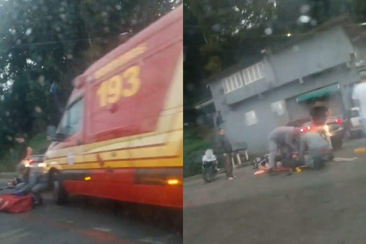 Motociclista fica ferido após escorregar e sofrer acidente durante temporal em Guarujá, no ...