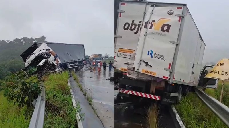 caminhões ficam à beira de ribanceira após acidente na BR-101