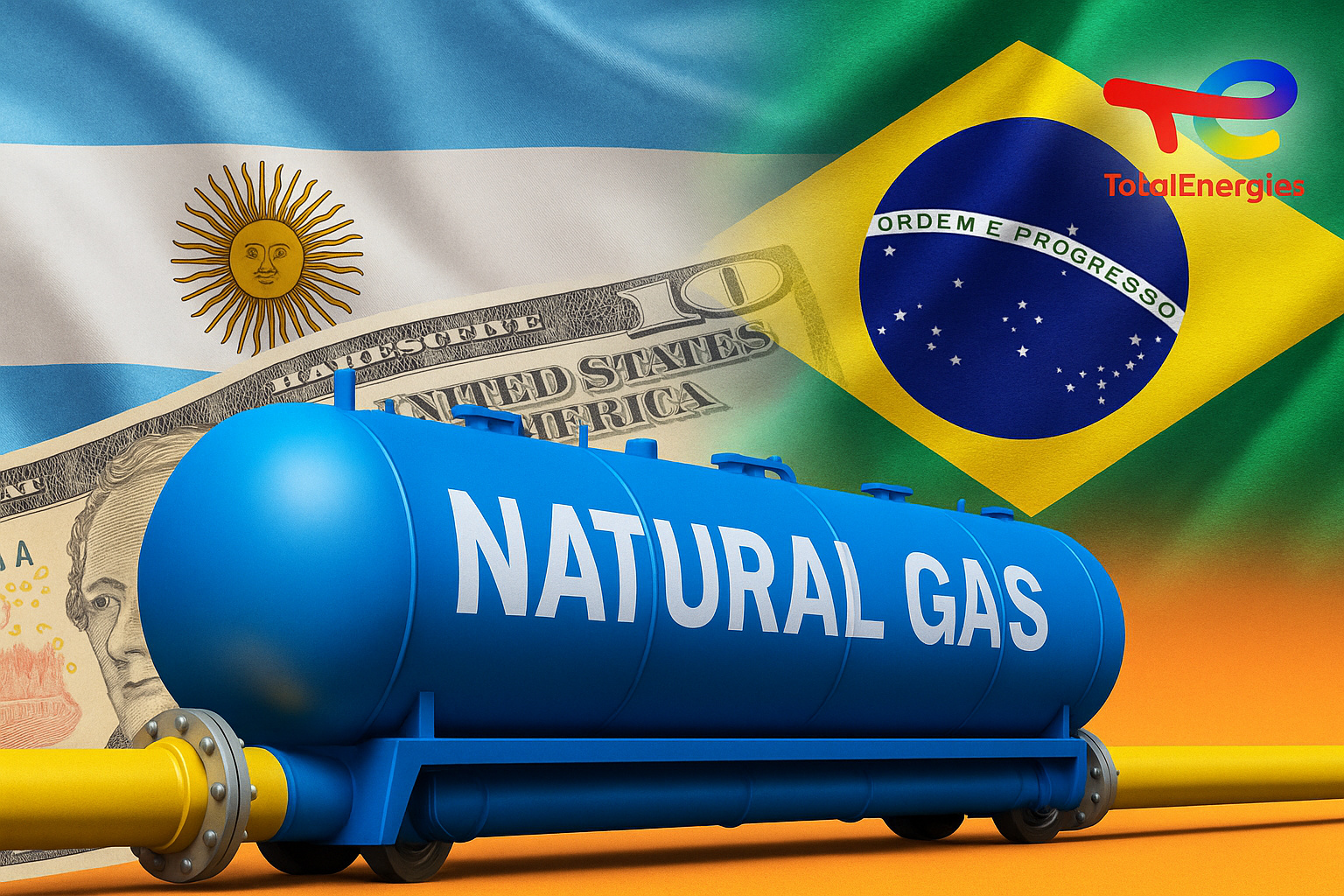 Bandeiras do Brasil e da Argentina com tanque de gás natural simbolizando exportação a menos de US$10 por milhão de BTU segundo TotalEnergies