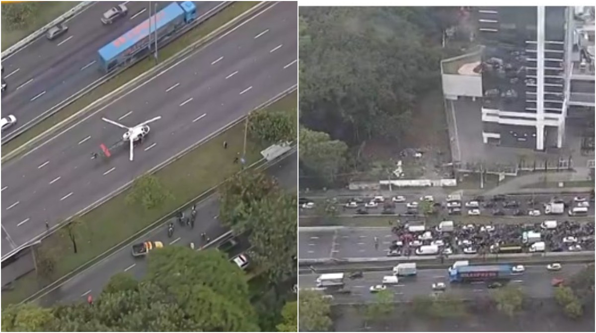 Helicóptero da PM pousa na Marginal Tietê para resgatar vítima de acidente e fecha pista