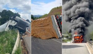 Carreta pega fogo e duas capotam em acidente na BR-101 no ES