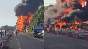 Caminhão de botijões de gás pega fogo após explosão em Mormaço
