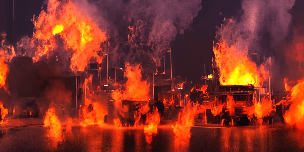Vista dramatizada de incêndio em indústria de solventes (representação ilustrativa do cenário)